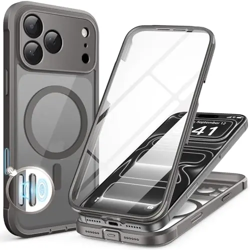 BERFY uchun iPhone 17 Pro Max g‘ilofi, MagSafe bilan mos keladi, o‘rnatilgan shisha ekran himoyasi, kamera himoyasi, zarbaga chidamli to‘liq korpusli telefon g‘ilofi 6.9