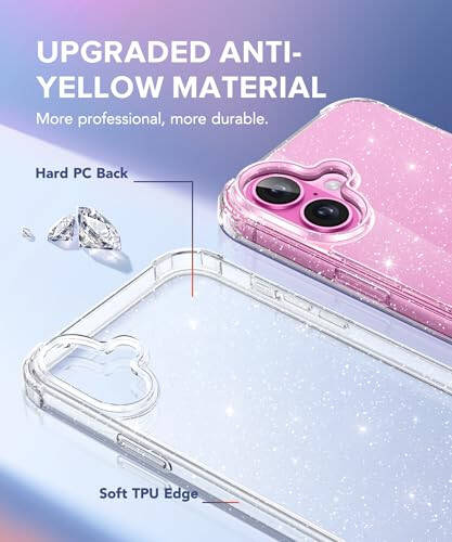 BERFY Compatible with iPhone 16 Case Glitter, [3 in 1] with Screen Protector + Camera Lens Protector, [Non-Yellowing] Clear Sparkle Slim Shockproof Hard Phone Cover for Women 6.1