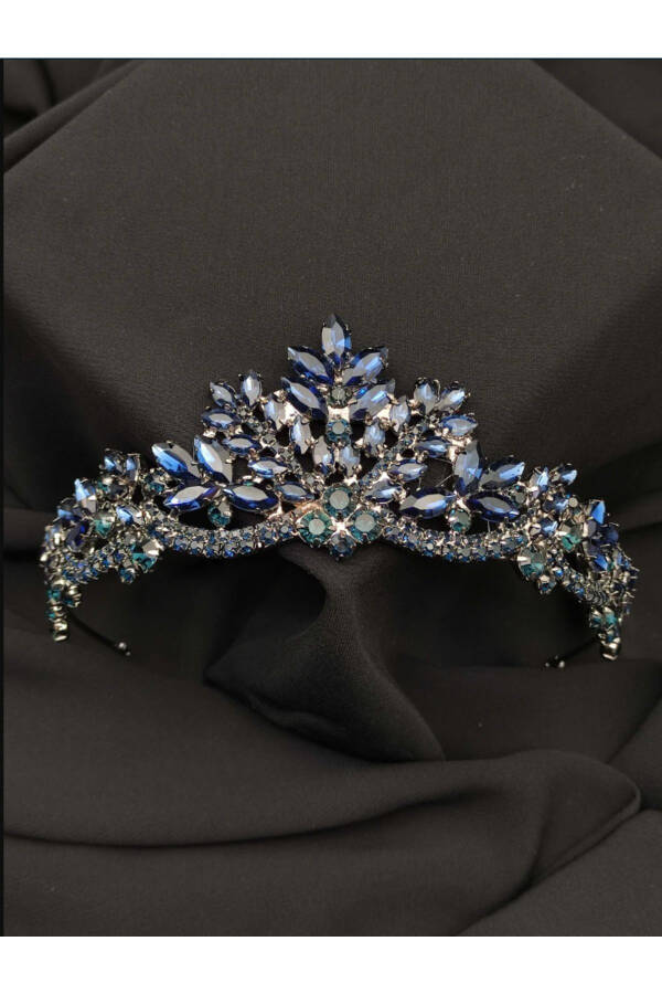 Berlin Cam Taşlı Kristal Taşlı Gelin Tacı-lacivert - 1