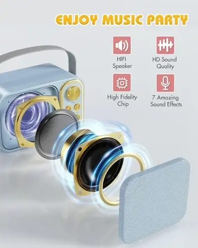 BESCOST Bolalar va kattalar uchun mini karaoke mashinasi, 2 ta simsiz mikrofonli portativ Bluetooth dinamik, qizlar va o'g'il bolalar uchun karaoke mashinasi, 3-12+ yoshli bolalar uchun tug'ilgan kun sovg'alari (ko'k) - 6