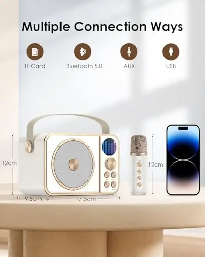 BESCOST Bolalar va kattalar uchun mini karaoke mashinasi, 2 ta simsiz mikrofonli portativ Bluetooth karnay, qizlar va o'g'il bolalar uchun karaoke mashinasi, 3-12+ yoshli bolalar uchun o'yinchoqlar (oq) - 5