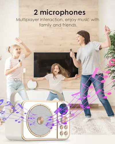 BESCOST Bolalar va kattalar uchun mini karaoke mashinasi, 2 ta simsiz mikrofonli portativ Bluetooth karnay, qizlar va o'g'il bolalar uchun karaoke mashinasi, 3-12+ yoshli bolalar uchun o'yinchoqlar (oq) - 6
