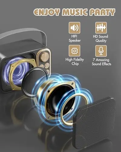 BESCOST Mini Karaoke Machine for Kids Adults, Portable Bluetooth Speaker with 2 Wireless Microphones, Kids Karaoke Machine for Girls Boys, Toys Birthday Gifts for 3-12+ Years Old Toddler (Black) - 4