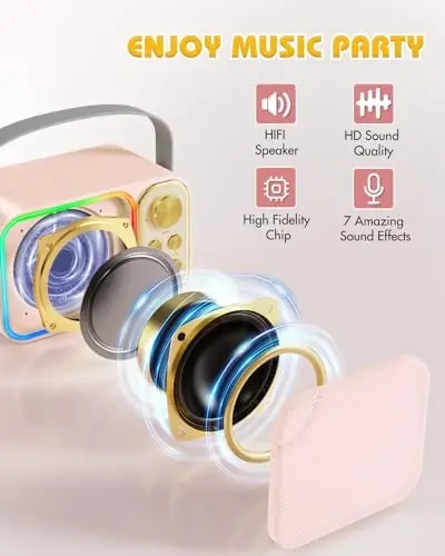 BESCOST Mini Karaoke Machine bolalar va kattalar uchun, 2 ta simsiz mikrofonli portativ Bluetooth karnay, LED yoritgichli bolalar karaoke mashinasi 3-12+ yoshli qizlar uchun tug'ilgan kun sovg'alari (Rangli) - 3