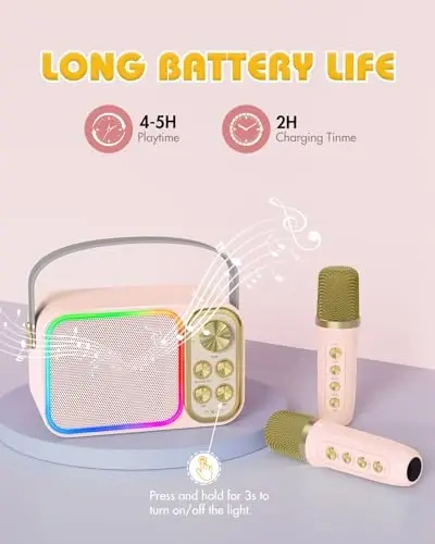 BESCOST Mini Karaoke Machine bolalar va kattalar uchun, 2 ta simsiz mikrofonli portativ Bluetooth karnay, LED yoritgichli bolalar karaoke mashinasi 3-12+ yoshli qizlar uchun tug'ilgan kun sovg'alari (Rangli) - 4