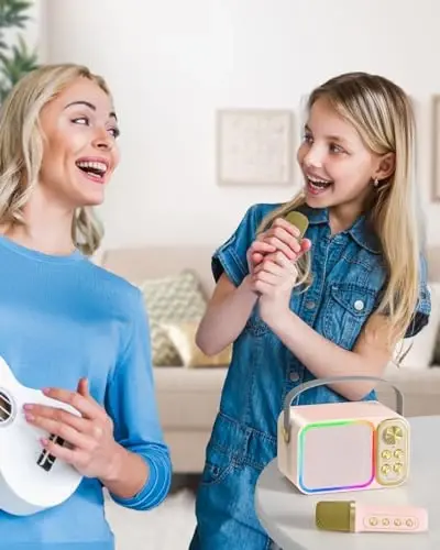 BESCOST Mini Karaoke Machine bolalar va kattalar uchun, 2 ta simsiz mikrofonli portativ Bluetooth karnay, LED yoritgichli bolalar karaoke mashinasi 3-12+ yoshli qizlar uchun tug'ilgan kun sovg'alari (Rangli) - 7
