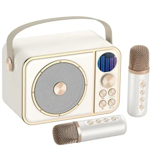 BESCOST Mini Karaoke Machine for Kids Adults, Portable Bluetooth Speaker with 2 Wireless Microphones, Kids Karaoke Machine for Girls Boys,Toys Birthday Gifts for 3-12+ Years Old Toddler(White) - Modazone