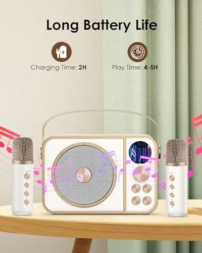 BESCOST Mini Karaoke Machine for Kids Adults, Portable Bluetooth Speaker with 2 Wireless Microphones, Kids Karaoke Machine for Girls Boys,Toys Birthday Gifts for 3-12+ Years Old Toddler(White) - 3