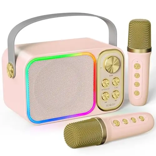 BESCOST Mini Karaoke Machine for Kids Adults, Portable Bluetooth Speaker with 2 Wireless Mics, Kids Karaoke Machine with LED Light Toys Birthday Gifts for 3-12+ Years Old Girls Boys(Colorful) 