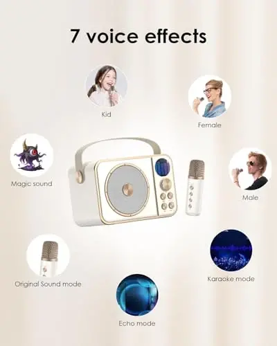 BESCOST Мини Караоке-машина для детей и взрослых, портативная Bluetooth-колонка с 2 беспроводными микрофонами, детская караоке-машина для девочек и мальчиков, игрушки, подарки на день рождения для малышей 3-12+ лет (белый) - 4