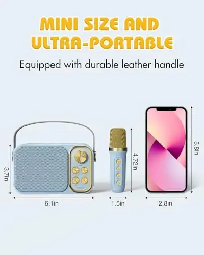 BESCOST Мини Караоке Машина для Детей и Взрослых, Портативная Bluetooth Колонка с 2 Беспроводными Микрофонами, Детская Караоке Машина для Девочек и Мальчиков, Игрушки Подарки на День Рождения для Малышей 3-12+ Лет (Синий) - 2
