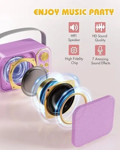 BESCOST Mini Karaoke Machine for Kids Adults, Portable Bluetooth Speaker with 2 Wireless Microphones, Kids Karaoke Machine for Girls Boys, Toys Birthday Gifts for 3-12+ Years Old Toddler (Purple) - 3