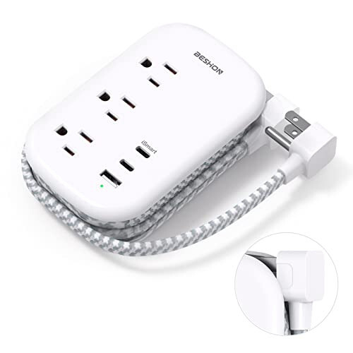 BESHON Tekis Fişli Rozетка, 3 Chiqishli va 3 USB Portli (2 USB C), Ultra Tekis 3.2 futli O'ralgan Uzatma Simi, Kruiz Kemasi, Sayohat, Yotoqxona uchun zarur buyumlar - 1