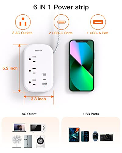 BESHON Tekis Fişli Rozетка, 3 Chiqishli va 3 USB Portli (2 USB C), Ultra Tekis 3.2 futli O'ralgan Uzatma Simi, Kruiz Kemasi, Sayohat, Yotoqxona uchun zarur buyumlar - 3