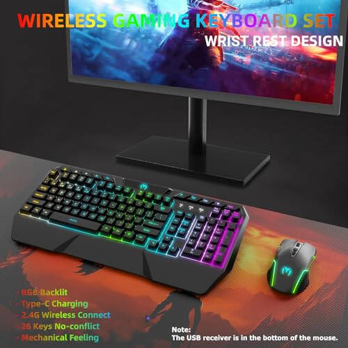 Беспроводная игровая клавиатура и мышь Combo - RGB подсветка, перезаряжаемая беспроводная клавиатура, эргономичная подставка для запястий, подсветка мыши, беспроводная игровая клавиатура и мышь, долговечный встроенный аккумулятор (черный) - 2