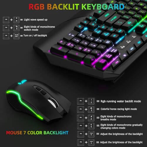 Беспроводная игровая клавиатура и мышь Combo - RGB подсветка, перезаряжаемая беспроводная клавиатура, эргономичная подставка для запястий, подсветка мыши, беспроводная игровая клавиатура и мышь, долговечный встроенный аккумулятор (черный) - 4