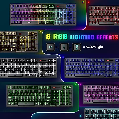 Беспроводная клавиатура и мышь с RGB-подсветкой, MOOJAY перезаряжаемая 2.4G светодиодная беспроводная игровая клавиатура с эргономичным беспроводным проводным комплектом мышей с двумя режимами, для ПК / ноутбука / Windows / Mac - черный - 3