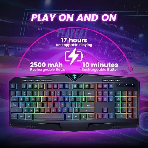 Беспроводная клавиатура, перезаряжаемая RGB-подсветка, беспроводная игровая клавиатура с подставкой для запястий, бесшумные клавиши, мультимедийные клавиши, защита от фантомных нажатий, полноразмерная водонепроницаемая клавиатура с подсветкой для ПК Mac Xbox Gamer - 3
