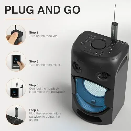 Беспроводная микрофонная система Phenyx Pro Single Digital, с мини-приемником, передатчиком Bodypack, 15 каналов в 900 МГц UHF Band, гарнитура/лацканный микрофон для караоке, певцов, церкви, свадьбы (PDP-1-1B) - 3