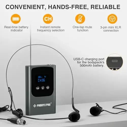 Беспроводная микрофонная система Phenyx Pro Single Digital, с мини-приемником, передатчиком Bodypack, 15 каналов в 900 МГц UHF Band, гарнитура/лацканный микрофон для караоке, певцов, церкви, свадьбы (PDP-1-1B) - 4