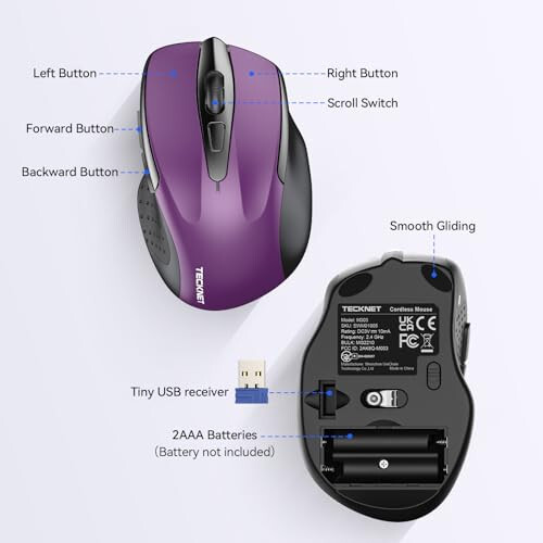 TECKNET Wireless Mouse, 2.4G Ergonomic Optical Mouse, Computer Mouse for Laptop, PC, Computer, Chromebook, Notebook, 6 Buttons, 24 Months Battery Life, 2600 DPI, 5 Adjustment Levels - 9