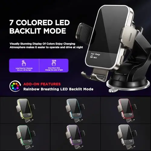 Беспроводное автомобильное зарядное устройство, 【7-цветная RGB-подсветка】 15 Вт Автоматическое зажимное автомобильное зарядное устройство Держатель телефона для iPhone 15 14 13 12 Mini Pro Max 11 XR X, Samsung Galaxy S23 Ultra S22 S21+ S10+ Note 20 и т. д. - Серебристый - 2