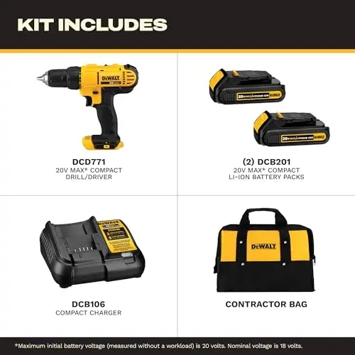 Беспроводной дрель/шуруповерт DEWALT 20V Max, в комплекте 2 аккумулятора и зарядное устройство (DCD771C2) - DEWALT (1)