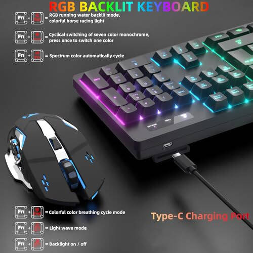 Беспроводной игровой набор клавиатура и мышь - RGB-подсветка, перезаряжаемая беспроводная клавиатура и эргономичная мышь с подсветкой, беспроводная клавиатура и мышь для игр и работы, долговечный встроенный аккумулятор (черный) - 4