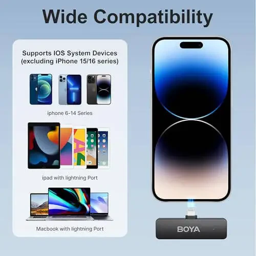 Беспроводной лацкальный микрофон BOYA BY-V4D для iPhone iPad с зарядным чехлом, 18-часовым временем работы от батареи, дальностью 650 футов, 4-канальным всенаправленным шумоподавлением для видеозаписи, интервью, видеоблога. - 5