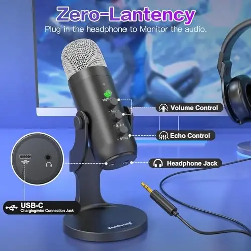 Беспроводной микрофон ZealSound для ПК, микрофон для подкастов с шумоподавлением, регулировкой усиления, отключением звука, мониторингом и эхо, беспроводной микрофон для YouTube, ASMR, подкастов, стриминга, iPhone, iPad, Android, Mac, K66DG - 5
