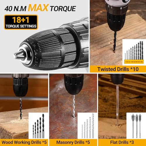 Беспроводной набор инструментов для сверления: 20V аккумуляторная дрель в кейсе с батареей, электрическая дрель-шуруповерт для мужчин, домашний ремонт, набор основных инструментов для инструментальной коробки, сверла - 5