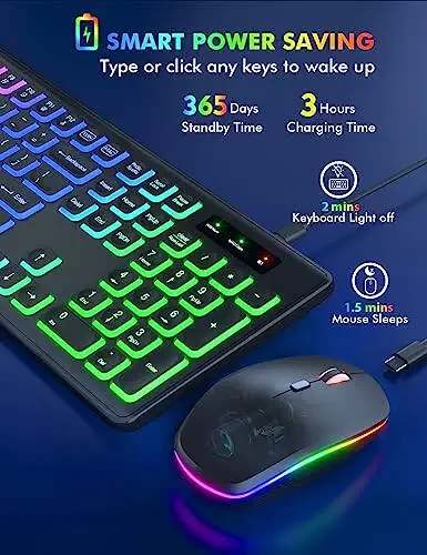 Беспроводной набор клавиатуры и мыши - RGB подсветка, перезаряжаемая и светящиеся буквы, полноразмерная, эргономичный угол наклона, режим сна, бесшумная клавиатура и мышь 2,4 ГГц для Mac, Windows, ноутбука, ПК, Trueque - 3