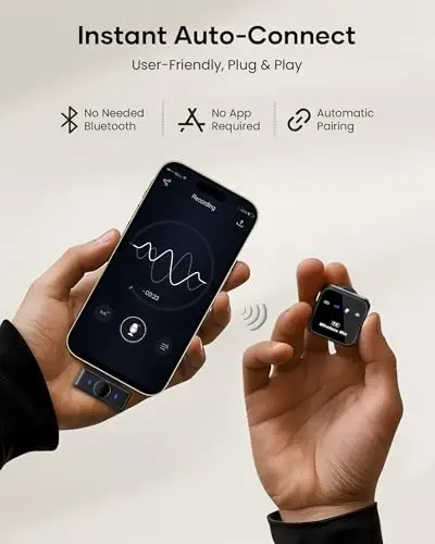 Беспроводной петличный микрофон для iPhone, iPad и Android. Время работы от аккумулятора 80 часов, шумоподавление, радиус действия 50 метров. Легко подключается и используется для YouTube, видеозаписи, влогов и прямой трансляции. - 2