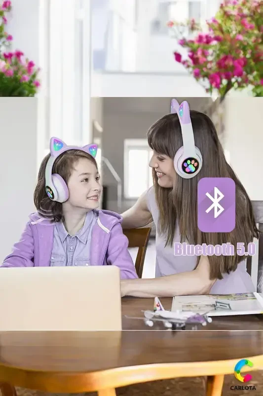Беспроводные Bluetooth 5.0 Led Светящиеся Кошачьи Наушники Подарок ios Android Совместимый 8d Стерео Hd Звук-Лиловый - 7