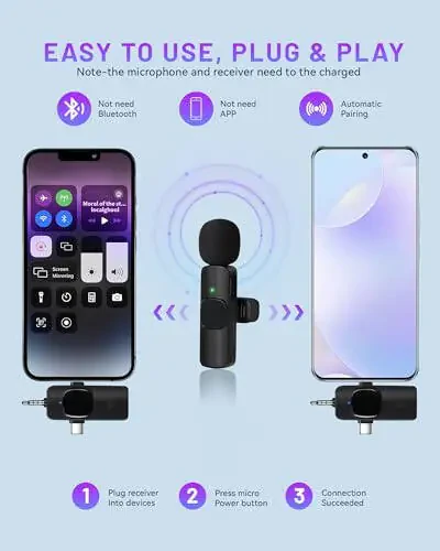 Беспроводные лаvalier-микрофоны Zyerch 2024 3 в 1 для iPhone, iPad, Android, камеры, 7-часовая батарея, мини-микрофон с шумоподавлением для видеозаписи, блога, YouTube, TikTok - 3