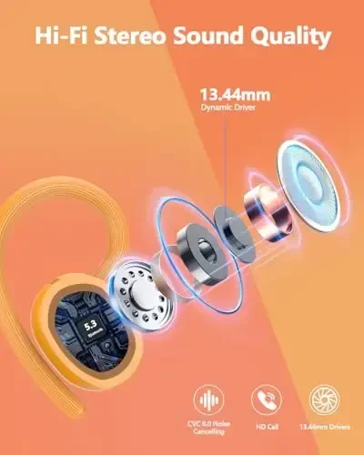 Беспроводные наушники 128 часов Bluetooth 5.3 Наушники Sport, 2025 Bluetooth Наушники Stereo Deep Bass Over Ear Bud с ушными крючками, ENC шумоподавление микрофона, IPX7 Водонепроницаемые наушники для тренировок/бега - 6