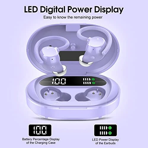 Беспроводные наушники, 2023 Новые Ультралегкие Спортивные Bluetooth 5.3 Наушники Внутриканальные с LED-дисплеем, Встроенный Микрофон, IPX7 Водонепроницаемые Беспроводные Наушники с Крючками для Занятий в Тренировочном Зале (Фиолетовый) - sprtoybat (1)