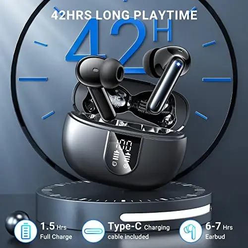 Беспроводные наушники, 2024 Беспроводные наушники HiFi стерео наушники с 4 микрофонами с шумоподавлением ENC, 42 часа времени воспроизведения Внутриканальные наушники, Bluetooth 5.3 спортивные наушники с LED-дисплеем питания для Android iOS Черный - 3
