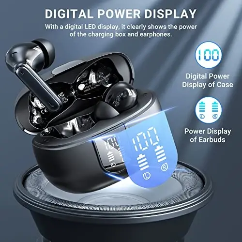 Беспроводные наушники, 2024 Беспроводные наушники HiFi стерео наушники с 4 микрофонами с шумоподавлением ENC, 42 часа времени воспроизведения Внутриканальные наушники, Bluetooth 5.3 спортивные наушники с LED-дисплеем питания для Android iOS Черный - 4