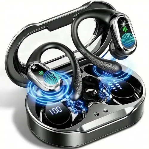 Беспроводные наушники, 2025 Bluetooth 5.4, спортивные наушники, 50 часов Hi-Fi стерео, глубокие басы, накладные наушники с микрофоном с шумоподавлением ENC, водонепроницаемость IP7 и светодиодный дисплей, с ушными крючками для тренировок/бега - ROLOSAR