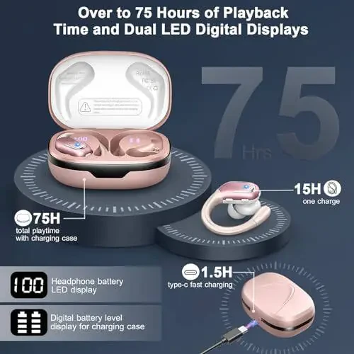 Беспроводные наушники, 75H Bluetooth 5.3 Наушники спортивные IP7 водонепроницаемые, Беспроводные наушники для бега с микрофоном ENC с шумоподавлением, 3D басовые наушники с крючками для Android, iOS, тренировки, спортзал, розовое золото - 10
