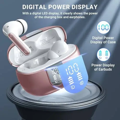 Беспроводные наушники, Беспроводные наушники 2024 HiFi стерео наушники с 4 микрофонами ENC шумоподавления, 42 часа воспроизведения внутриканальные наушники, Bluetooth 5.3 спортивные наушники с LED-дисплеем для Android iOS Розовый - 4