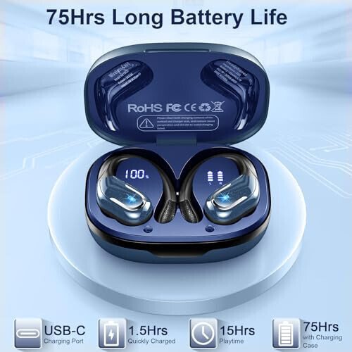 Беспроводные наушники, Bluetooth 5.3 наушники IP7 водонепроницаемые спортивные, 75 часов работы беспроводных наушников с шумоподавлением ENC, глубокие басы наушники с крючками для Android, iOS, тренировки, спортзала, синий - 3