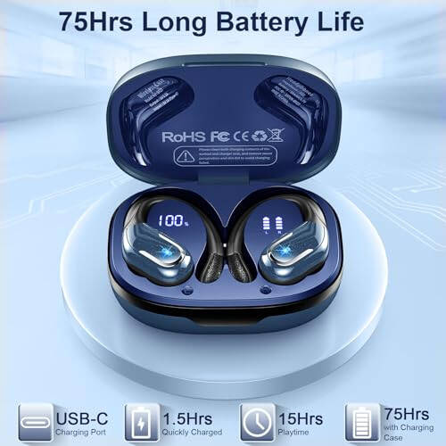 Беспроводные наушники, Bluetooth 5.3 наушники IP7 водонепроницаемые спортивные, 75 часов работы беспроводных наушников с шумоподавлением ENC, глубокие басы наушники с крючками для Android, iOS, тренировки, спортзала, синий - 3