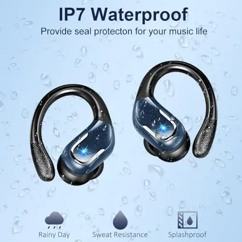 Беспроводные наушники, Bluetooth 5.3 наушники IP7 водонепроницаемые спортивные, 75 часов работы беспроводных наушников с шумоподавлением ENC, глубокие басы наушники с крючками для Android, iOS, тренировки, спортзала, синий 