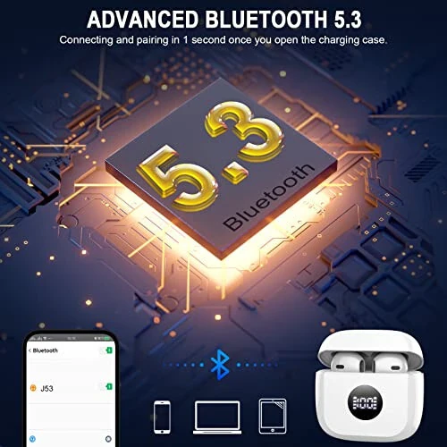 Беспроводные наушники, Bluetooth 5.3 наушники с LED-дисплеем питания, басовые стереонаушники, Bluetooth-наушники вкладыши с шумоподавлением и микрофоном, 40 часов воспроизведения, мини-кейс IP7 водонепроницаемые спортивные наушники для Android iOS - 4