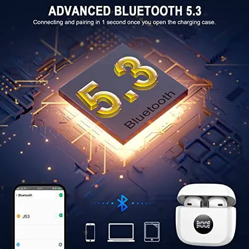 Беспроводные наушники, Bluetooth 5.3 наушники с LED-дисплеем питания, басовые стереонаушники, Bluetooth-наушники вкладыши с шумоподавлением и микрофоном, 40 часов воспроизведения, мини-кейс IP7 водонепроницаемые спортивные наушники для Android iOS - 4