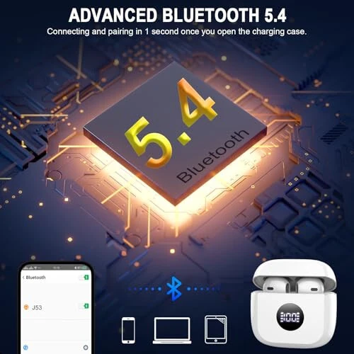 Беспроводные наушники, Bluetooth 5.3 наушники с LED-дисплеем питания, басовые стереонаушники, Bluetooth-наушники вкладыши с шумоподавлением и микрофоном, 40 часов воспроизведения, мини-кейс IP7 водонепроницаемые спортивные наушники для Android iOS - 6