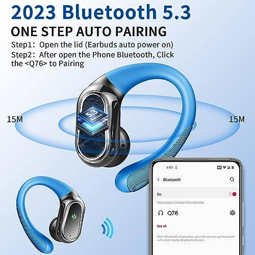 Беспроводные наушники, Bluetooth 5.3 наушники спортивные, Bluetooth наушники с шумоподавлением ENC, 50 часов стерео беспроводных наушников IP7 водонепроницаемые с крючками для ушей, двойной светодиодный дисплей для бега, светло-синий - 2