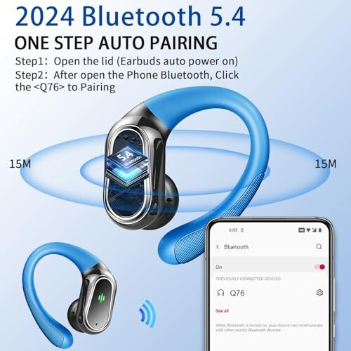 Беспроводные наушники, Bluetooth 5.3 наушники спортивные, Bluetooth наушники с шумоподавлением ENC, 50 часов стерео беспроводных наушников IP7 водонепроницаемые с крючками для ушей, двойной светодиодный дисплей для бега, светло-синий - 6